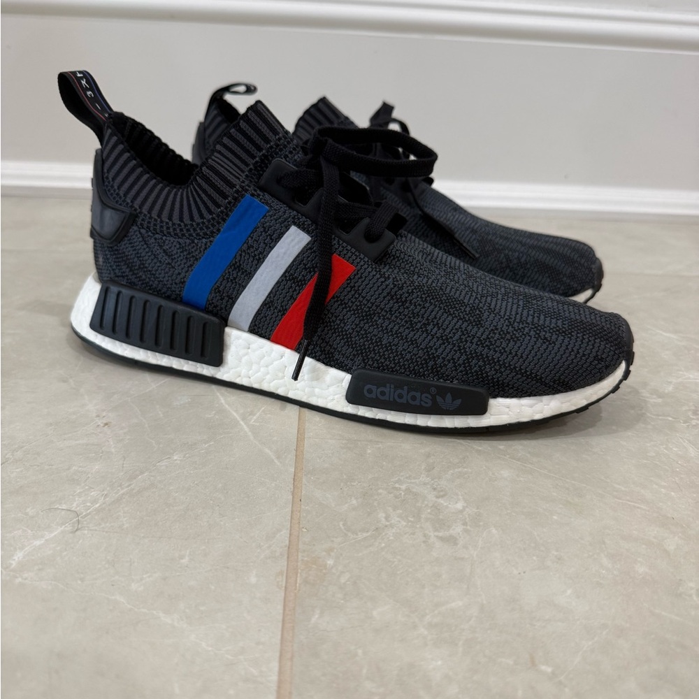 Adidas NMD R1 Black with Red, Blue, and White Accents